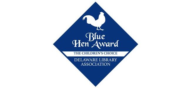 Blue Diamond shape with Blue Hen bird. Lettering says Blue Hen Book Award