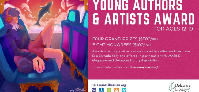 Young Authors & Artists Award for Ages 12 to 19. Cartoon drawing of student with headphones sitting on bus with whale and white swirls in background.